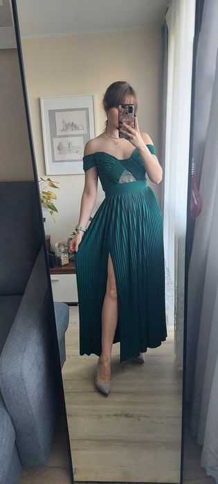 Elegancka zielona suknia maxi Asos Design petite plisowana bardot XXS
