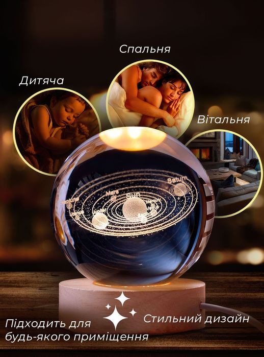 Декоративный 3D ночник хрустальный шар, нічник в кімнату, дитячу