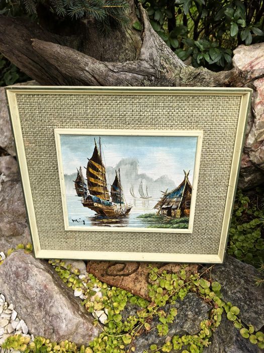 Obrazy olejne, azjatyckie łodzie, gruba warstwa farby, sygnowane