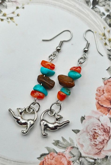 Kotki koty srebrne kolczyki kamienie półszlachetne naturalne wiszące