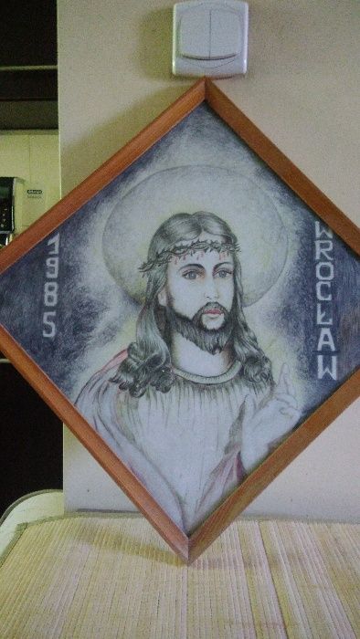 Rękodzieło obraz malowany  PRL Wrocław 1985 R Pan Jezus Dewocjonalia