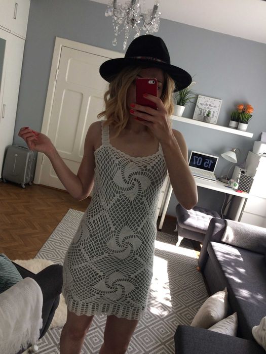 Sukienka biała krem boho hippie letnia handmade szydełko XS 34 S 36
