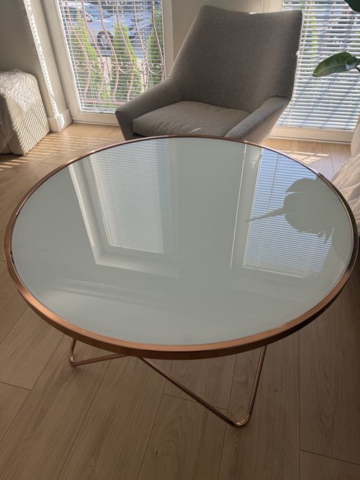 Szklany stolik kawowy 85cm okrągły miedziany metal szkło glamour