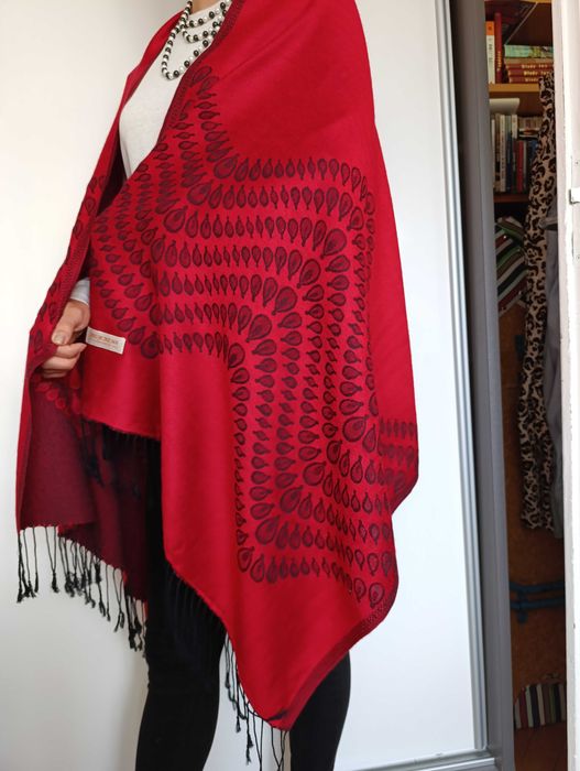 Dwustronny szal czerwony czarny frędzle chusta Pashmina wełna jedwab