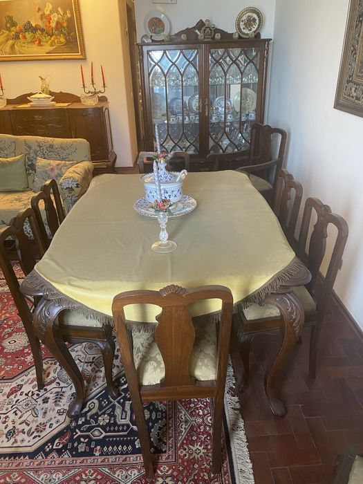 Mobília de casa de jantar Queen Anne, vintage, anos 50.