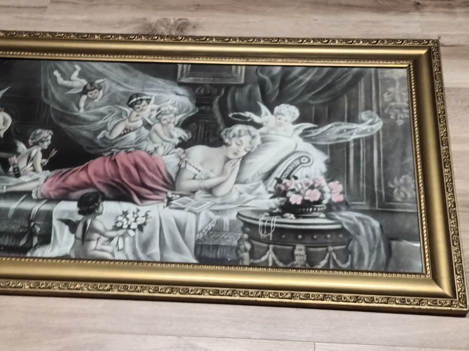 Obraz stary, PRL, drewniana rama, zabytek