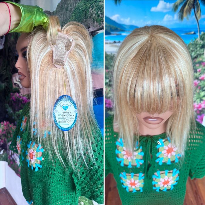 Натуральная накладка топпер чёлка типатинг волосы блонд 35 см