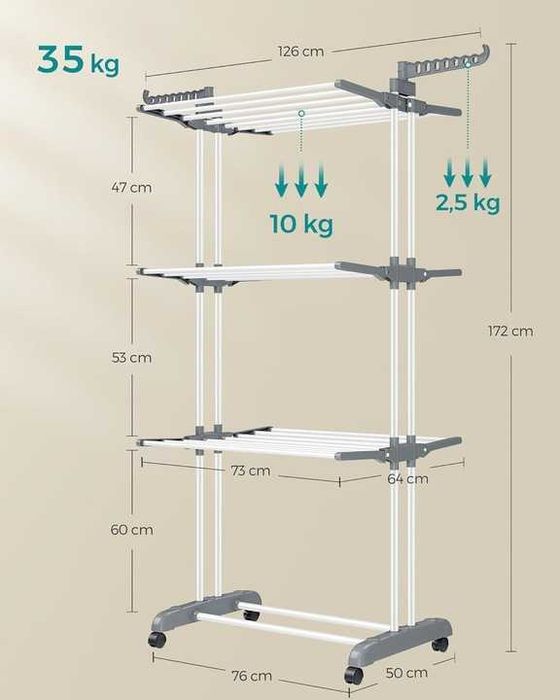Duża suszarka do ubrań składana 4 poziomy 64 x 126 x 172 cm