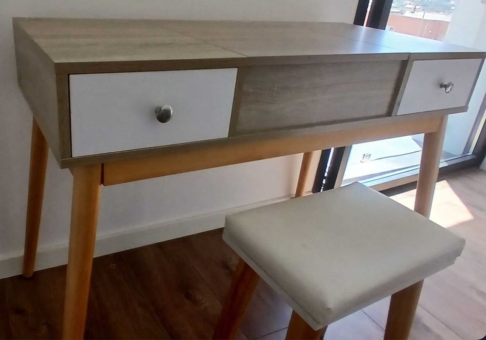 Toucador com Espelho Dobrável Mesa de Maquilhagem com Banco Compartimentos e Gavetas 100x45x118cm Madeira e Branco
