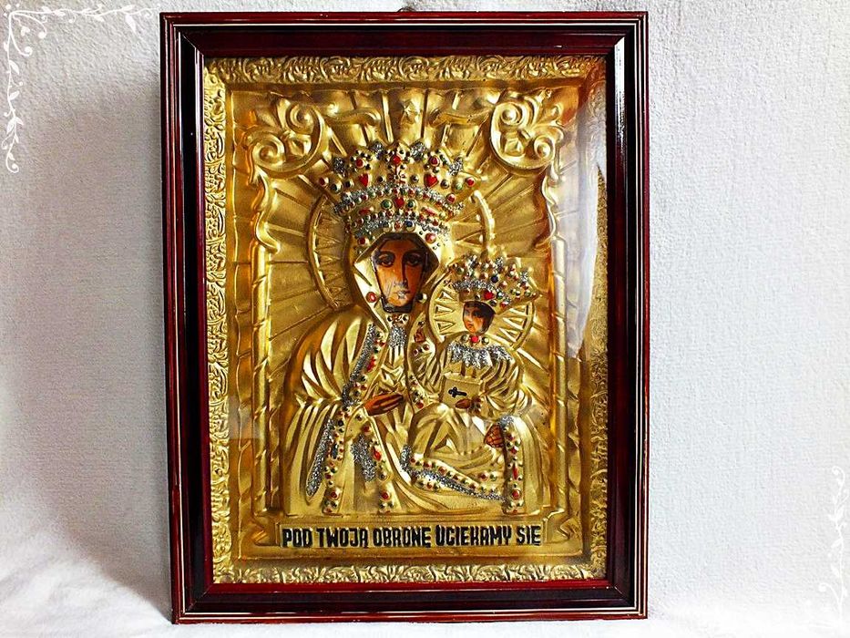 Stara Ikona Obraz Matka Boska Częstochowska Vintage PRL