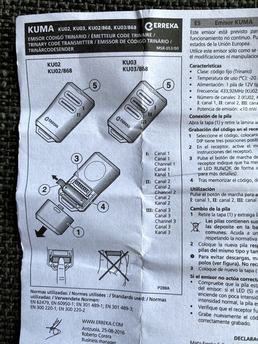 Comando emissor para controlar portões ERREKA KUMA KU02 (Novo)