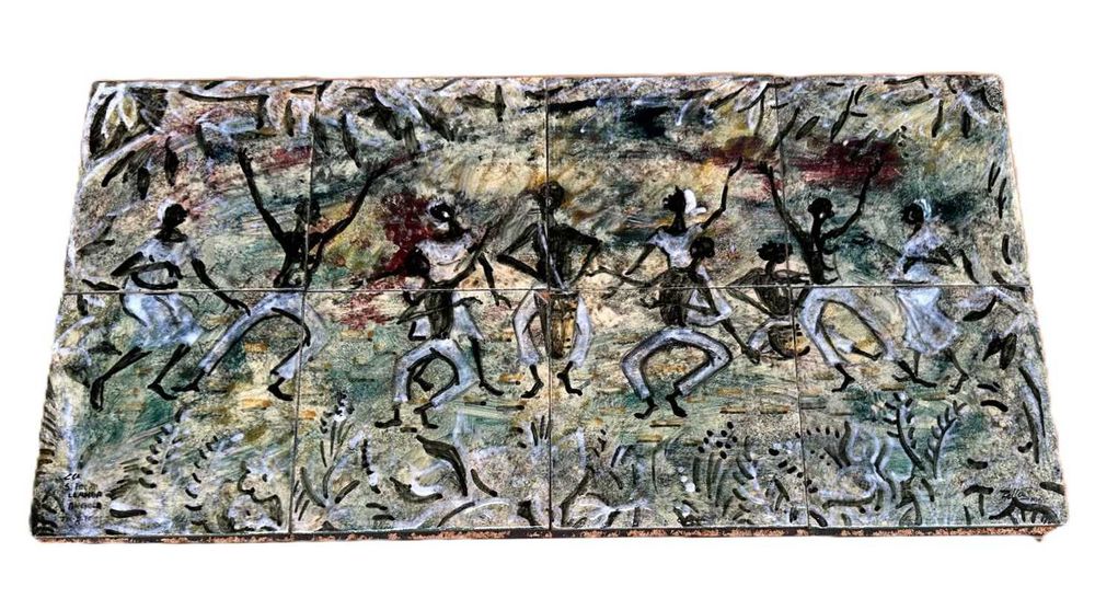 Painel antigo 8 azulejos representando dança africana