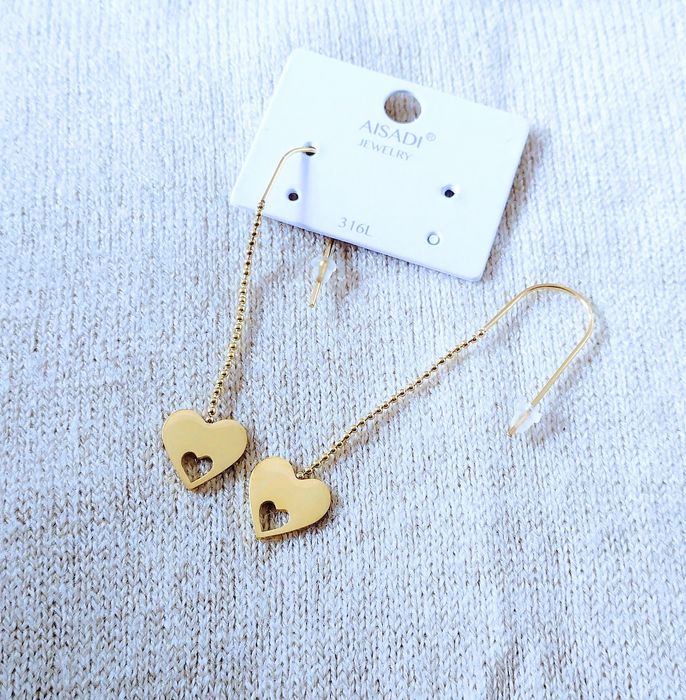 Kolczyki stal chirurgiczna złote wiszące długie serduszka