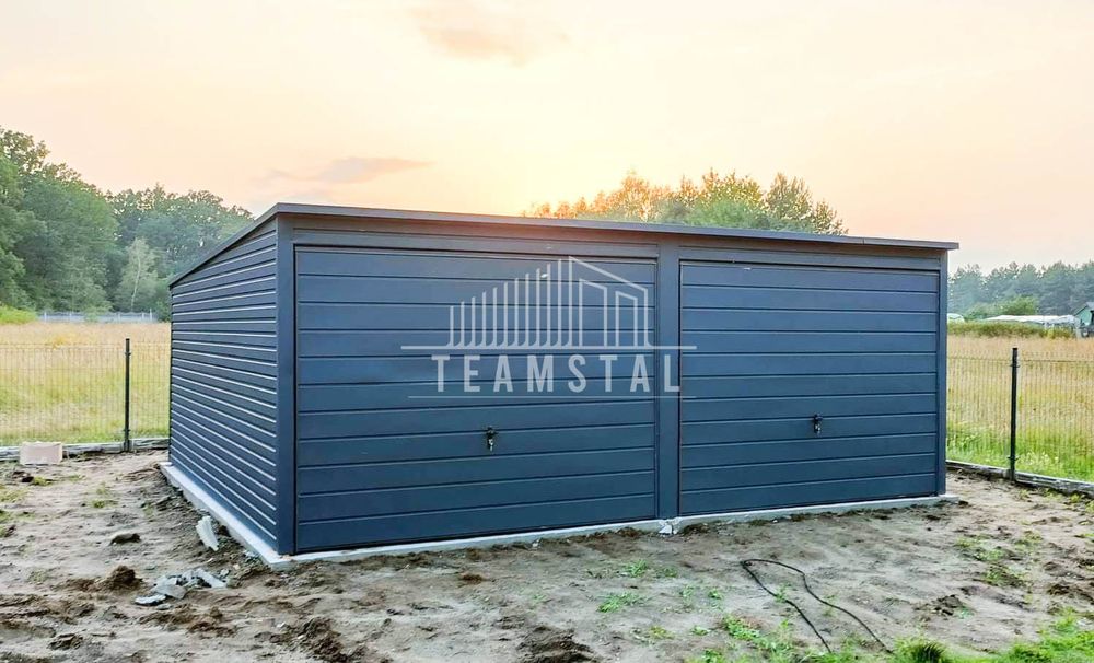 GARAŻ BLASZANY 6m x 5m spad tył 2x Brama antracyt drzwi TS243 6x5