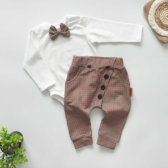 Elegancki KOMPLET chłopięcy, modny GARNITUR bordo beż mucha szelki 92