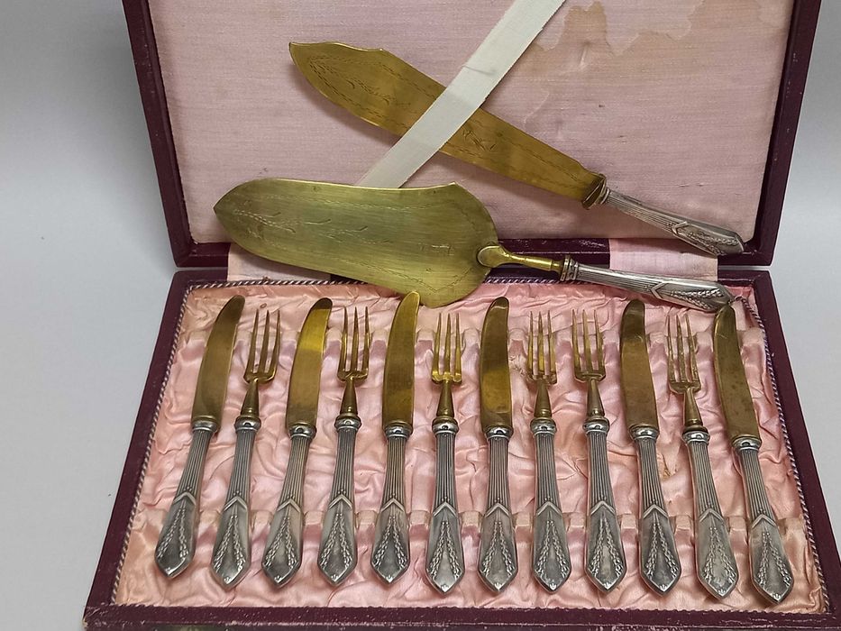 Srebrne sztućce deserowe, srebro 800 i mosiądz,  Polska, Warszawa