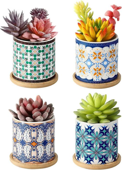 Doniczki ceramiczne na sukulenty, zestaw 4 ozdobnych doniczek