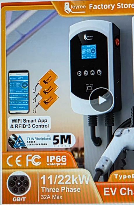 Зарядна станція для електромобіля. Feyree 11 KW 22 KW 32A 3 фази Wi-Fi Type2.