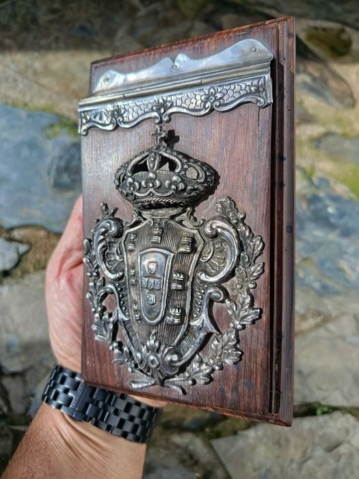 Grande Porta Notas Pau-santo Brazão Prata Portuguesa contrasta Javali