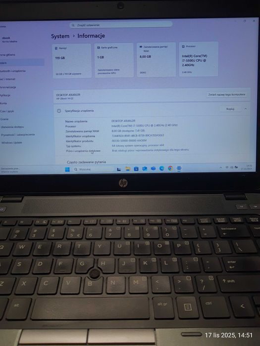 Biznesowy laptop HP Zbook 14 G2 gotowy do eksploatacji.