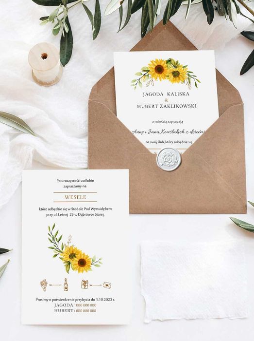 Słoneczniki - jednokartkowe zaproszenie ślubne