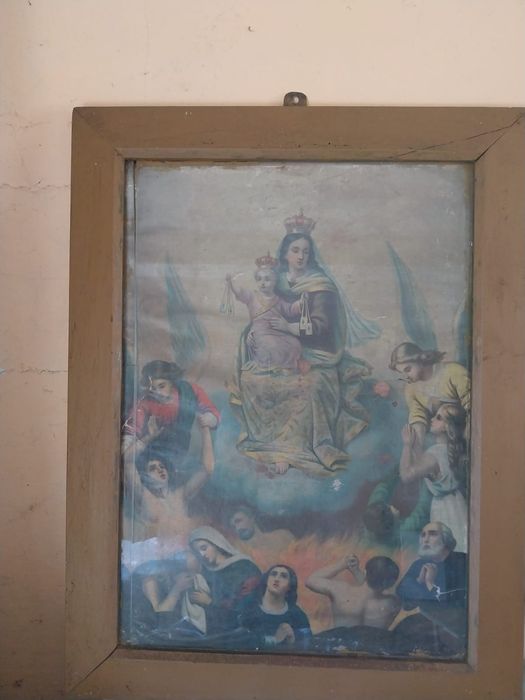 Dewocjonalia zniszczony duży obraz przedwojenny czyściec piekło Maryja