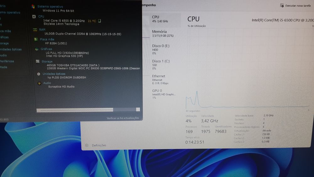 Pç HP 600G3|i5.6500-3.2G|16G-DDr4|NVMe256G+HDD500G|VGA/DP|Wifi+BT|W11