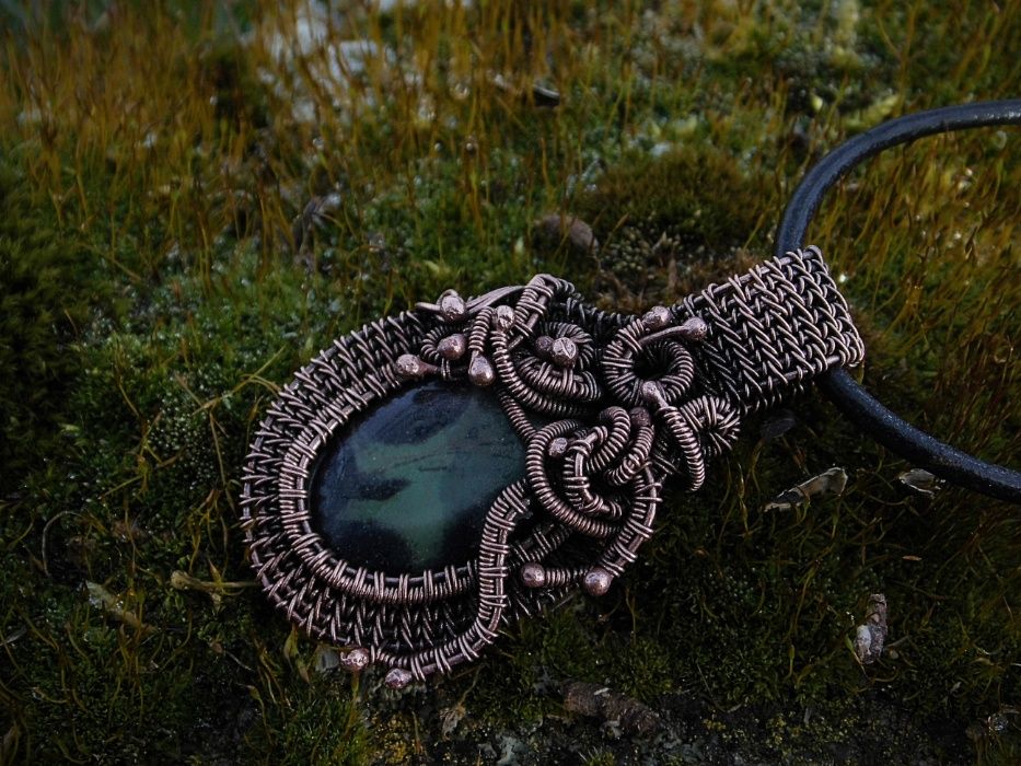 Wisiorek, jaspis kambaba, miedź, wire wrapping