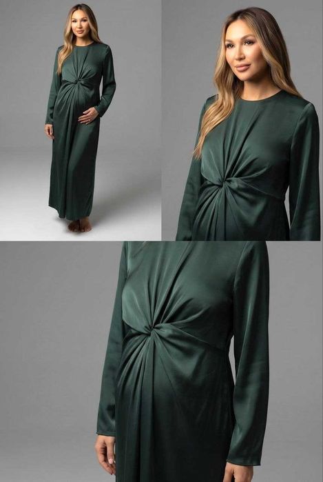 Атласное платье для беременных H&M Mama темно-зеленое макси, р. М
