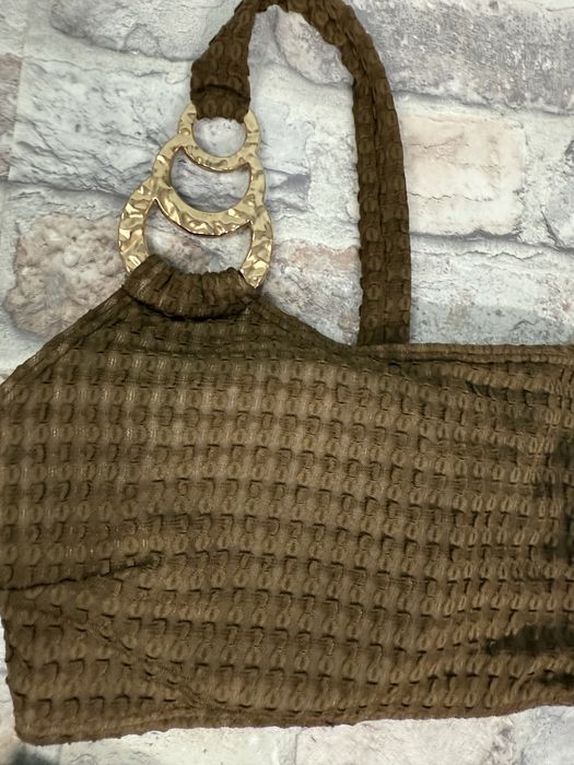 Brązowy strój kąpielowy dwuczęściowy , złote zdobienie L