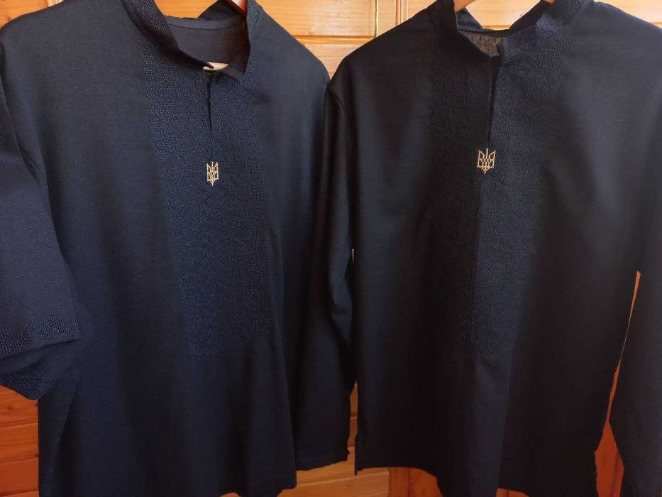 Чоловіча вишиванка лляна сорочка чорна з довгим і коротким рукавом