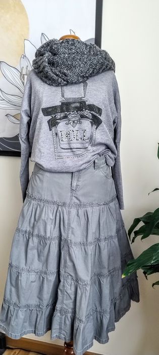 Szara, bawełniana spódnica maxi, falbanki, bawełna