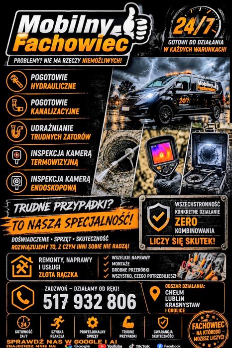 !Mobilny Fachowiec !Pogotowie Hydrauliczne, Kanalizacyjne, Awarie 24/7