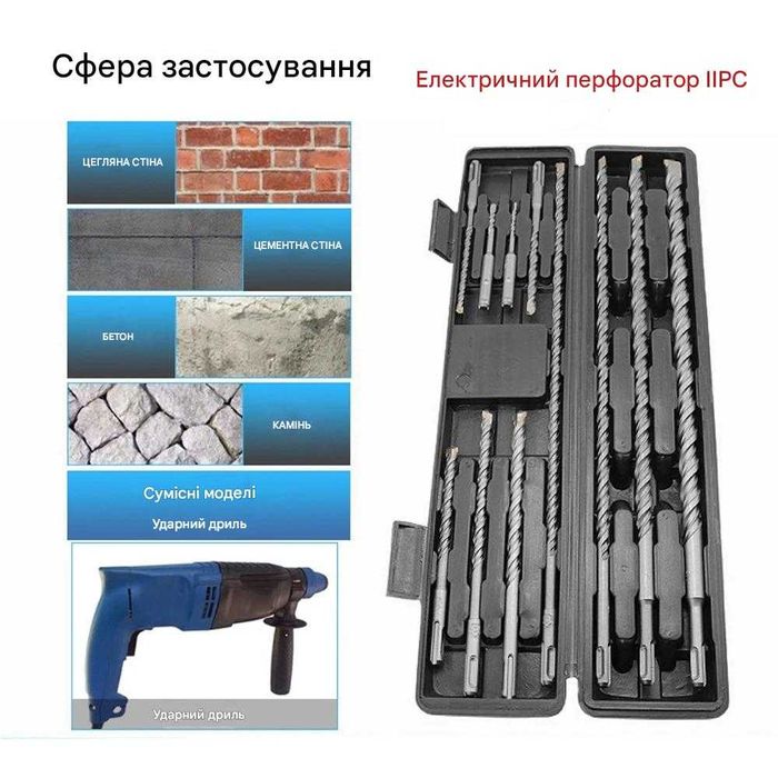 Набір Свердла SDS Plus 5–20 мм для бетону та цегли, довгі 11 шт + Кейс