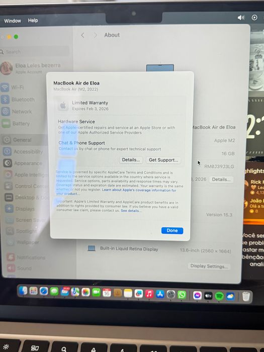 MacBook Air M2 13 polegadas 16GB de memoria unificada SSD de 256GB