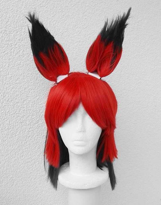 Alastor Hazbin Hotel czerwona peruka cosplay wig z uszkami uszami