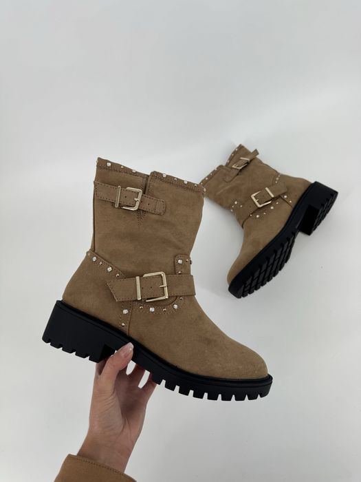 Botki kozaki na jesień zimę brązowe bezowe ze złota klamra 38 nowe