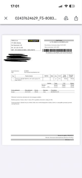 Telewizor Sharp 40 cali, gwarancja