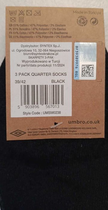 UMBRO 3-pak, skarpety czarne, rozmiar 39-42, NOWE, stopki