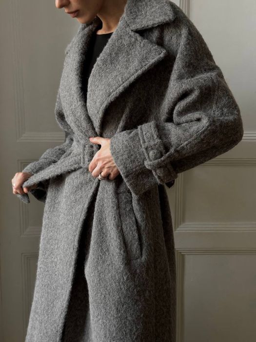 Пальто з поясом на підкладці сіре тепле кашемір альпака гарне оверсайз