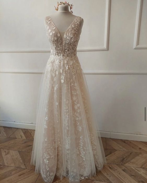 Nowa! Boho Suknia Ślubna Herbaciana Kraków S/M odpinane rękawki welon