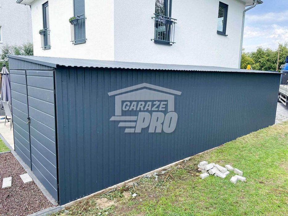 Garaż blaszany 3x9 2x Brama uchylna + antracyt  spad w bok GP191
