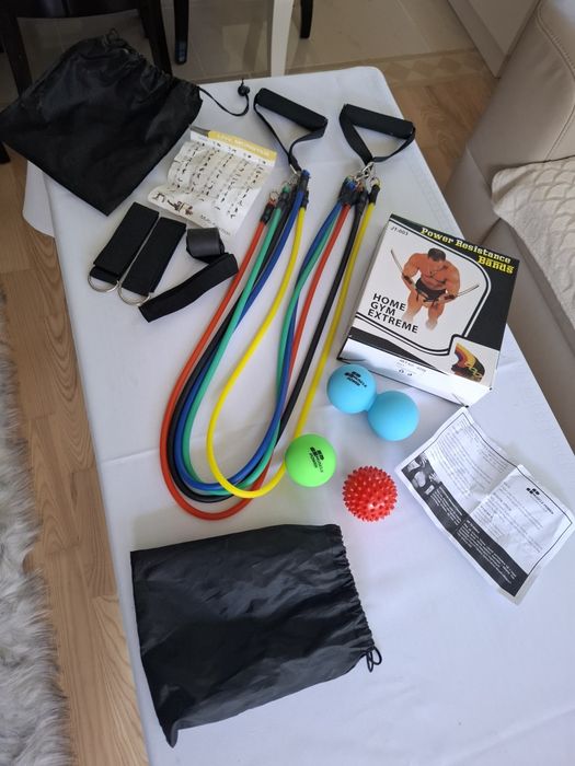 Gumy oporowe do treningów plus piłeczki rehabilitacyjne nowe kompletne