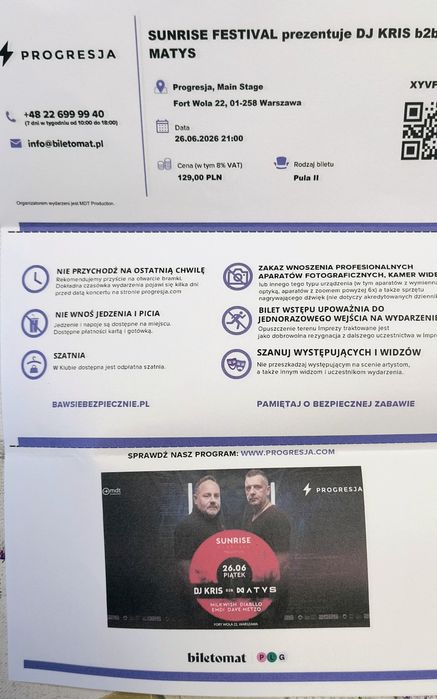 2 bilety do klubu Progresja Warszawa na DJ Kris b2b Matys (Sunrise Festiwal)