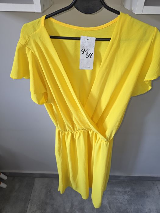 Żółta zwiewna kopertowa sukienka Plus Size Nowa