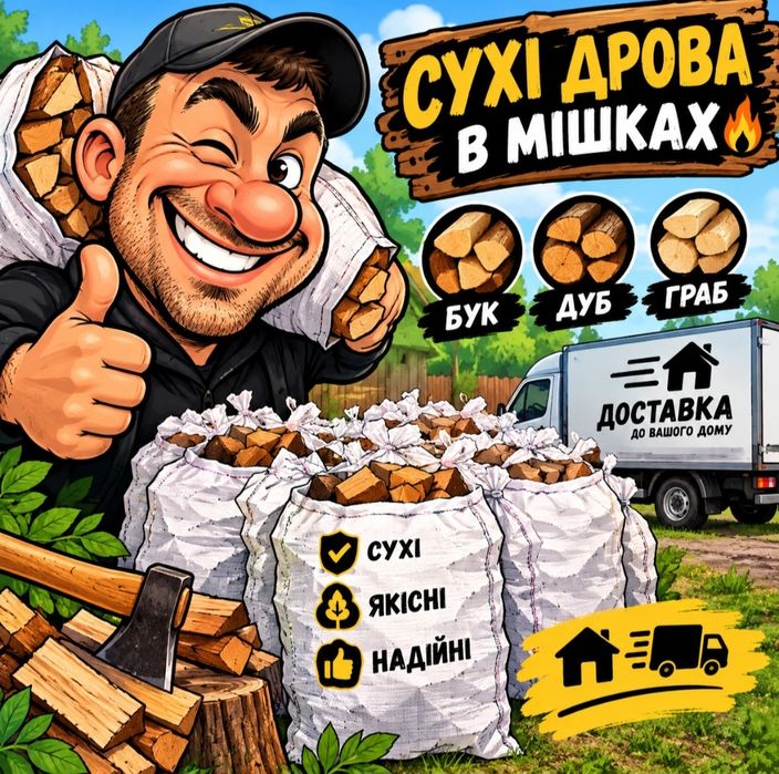 Дрова сухі рубані  в мішках бук дуб.