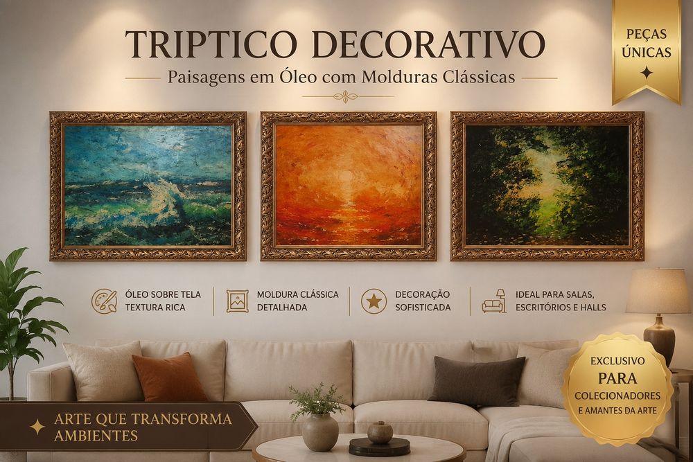 Triptico de 3 Quadros Originais a Óleo - Conceito Mar, Terra e Sol