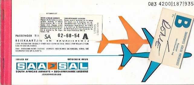 Aviação Comercial - SAA - South African Airways - Bilhete Antigo 1975