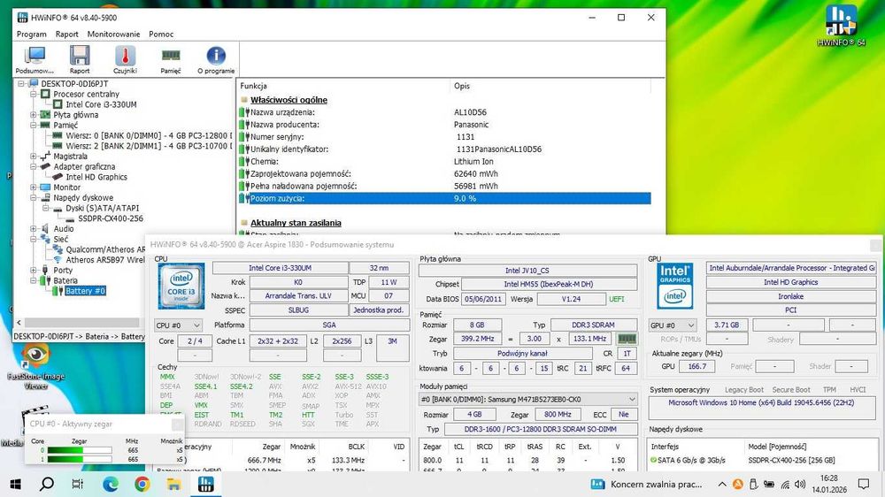 Laptop Acer Aspire 1830/11.6"/i3-330UM-1.2GHz/8GB/SSD256/Win10/Gw