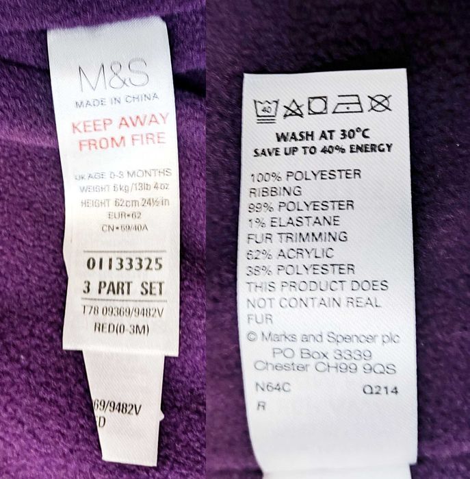 56 62 M&S 2w1 Kurtka zimowa + Rękawiczki Ciepła Kaptur Futro Fioletowa